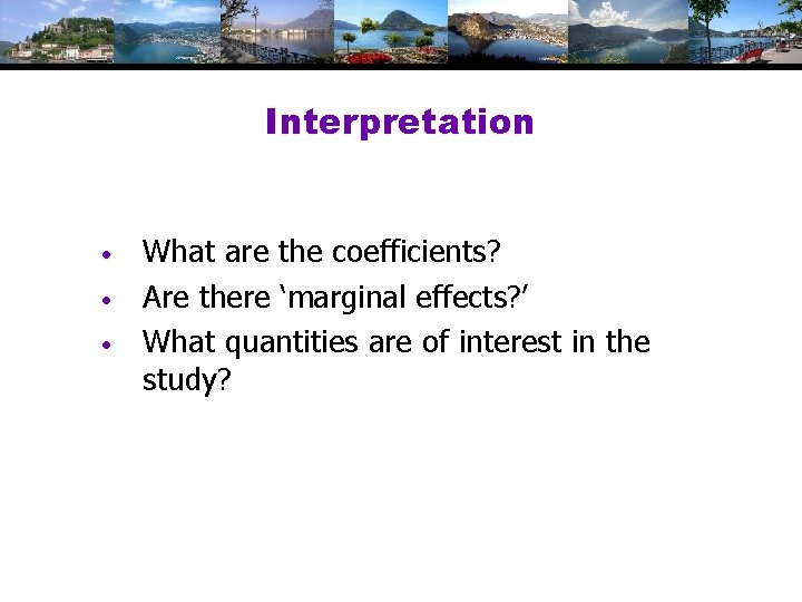 Interpretation • • • What are the coefficients? Are there ‘marginal effects? ’ What