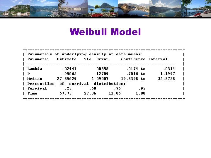 Weibull Model +--------------------------------+ | Parameters of underlying density at data means: | | Parameter