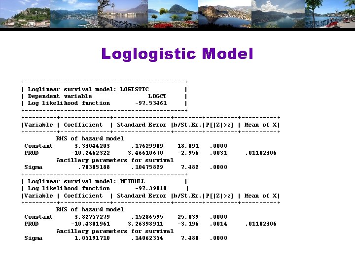 Loglogistic Model +-----------------------+ | Loglinear survival model: LOGISTIC | | Dependent variable LOGCT |