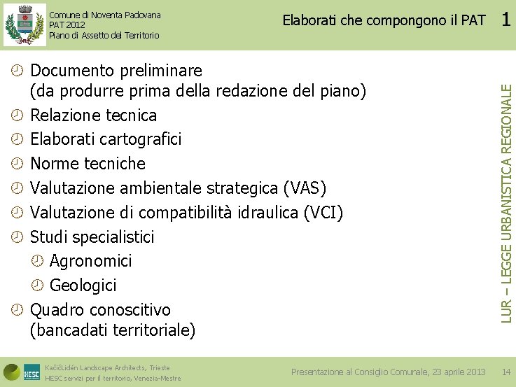 Elaborati che compongono il PAT Documento preliminare (da produrre prima della redazione del piano)