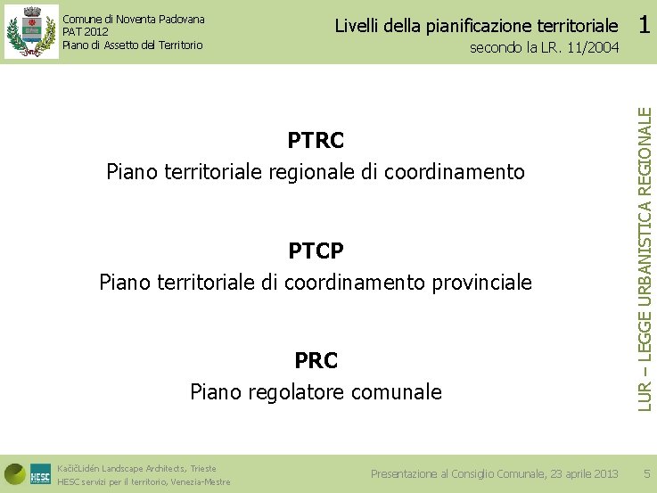 Livelli della pianificazione territoriale secondo la LR. 11/2004 PTRC Piano territoriale regionale di coordinamento