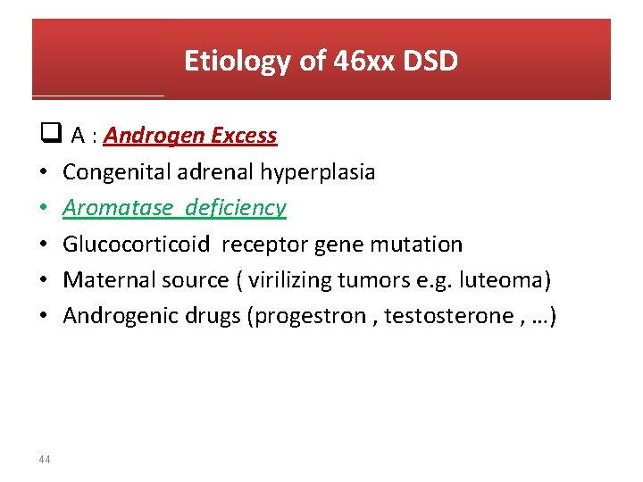 Etiology of 46 xx DSD q A : Androgen Excess • • • 44