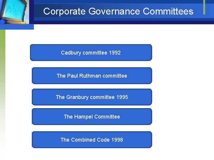 Corporate Governance Committees Cadbury committee 1992 The Paul Ruthman committee The Granbury committee 1995