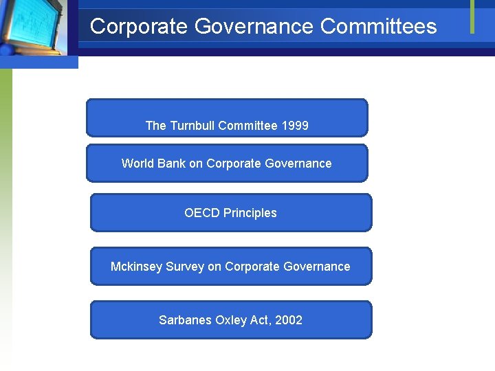 Corporate Governance Committees The Turnbull Committee 1999 World Bank on Corporate Governance OECD Principles