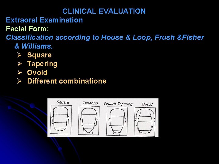 CLINICAL EVALUATION Extraoral Examination Facial Form: Classification according to House & Loop, Frush &Fisher