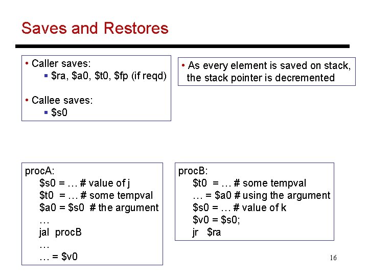Saves and Restores • Caller saves: § $ra, $a 0, $t 0, $fp (if