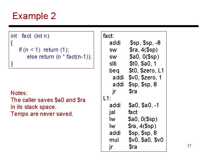 Example 2 int fact (int n) { if (n < 1) return (1); else