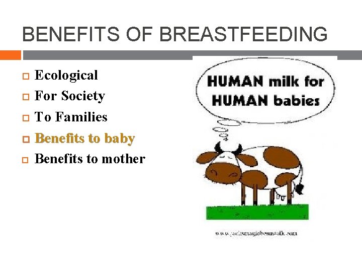 BENEFITS OF BREASTFEEDING Ecological For Society To Families Benefits to baby Benefits to mother BENEFITS OF BREASTFEEDING Ecological For Society To Families Benefits to baby Benefits to mother