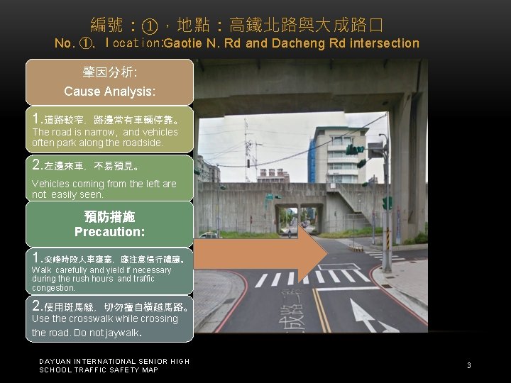編號:①,地點:高鐵北路與大成路口 No. ①, Location: Gaotie N. Rd and Dacheng Rd intersection 肇因分析: Cause Analysis: 編號:①,地點:高鐵北路與大成路口 No. ①, Location: Gaotie N. Rd and Dacheng Rd intersection 肇因分析: Cause Analysis: