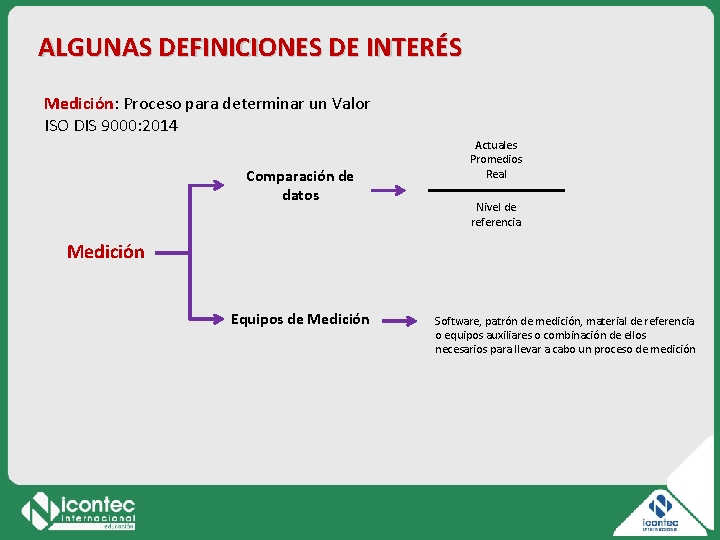 ALGUNAS DEFINICIONES DE INTERÉS Medición: Proceso para determinar un Valor ISO DIS 9000: 2014 ALGUNAS DEFINICIONES DE INTERÉS Medición: Proceso para determinar un Valor ISO DIS 9000: 2014