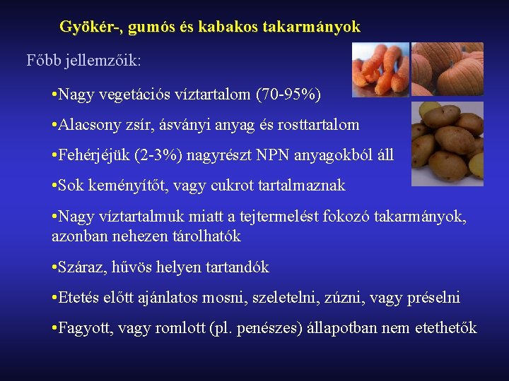 Gyökér-, gumós és kabakos takarmányok Főbb jellemzőik: • Nagy vegetációs víztartalom (70 -95%) •