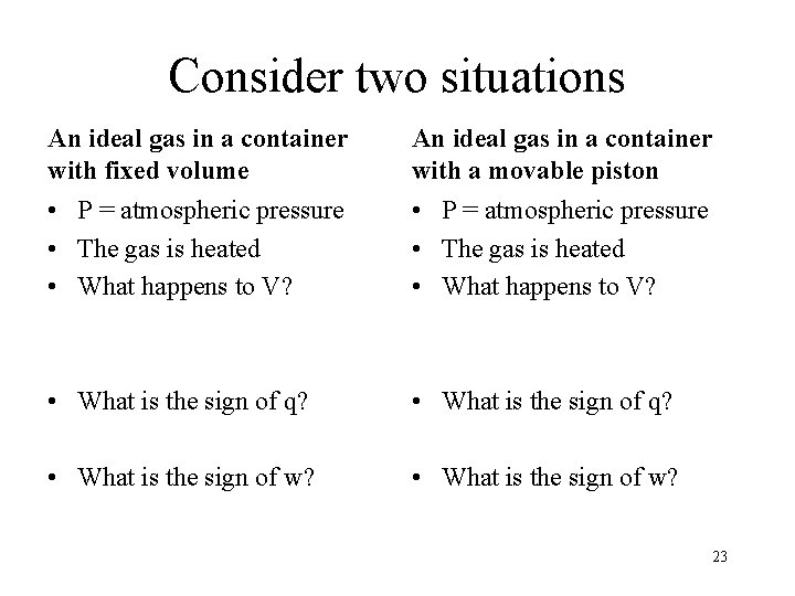 Consider two situations An ideal gas in a container with fixed volume An ideal