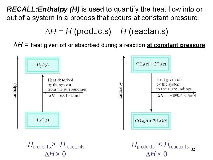RECALL: Enthalpy (H) is used to quantify the heat flow into or out of