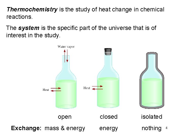 Thermochemistry is the study of heat change in chemical reactions. The system is the