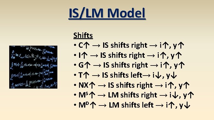 IS/LM Model Shifts • C↑ → IS shifts right → i↑, y↑ • I↑