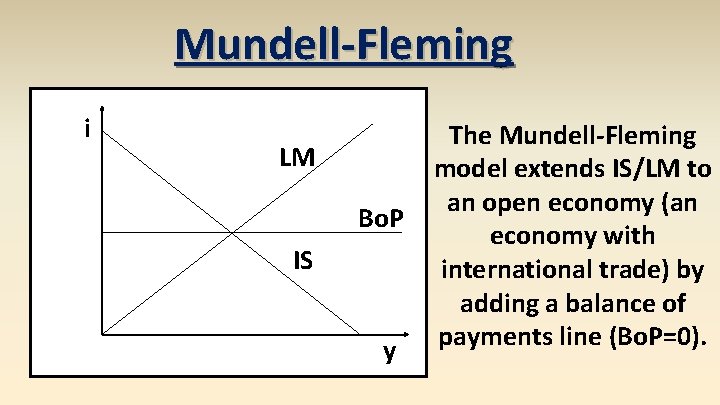 Mundell-Fleming i LM Bo. P IS y The Mundell-Fleming model extends IS/LM to an
