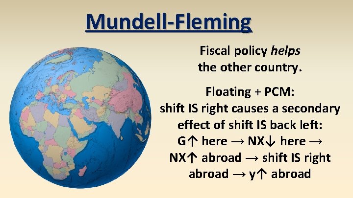 Mundell-Fleming Fiscal policy helps the other country. Floating + PCM: shift IS right causes