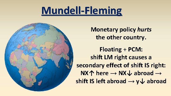 Mundell-Fleming Monetary policy hurts the other country. Floating + PCM: shift LM right causes