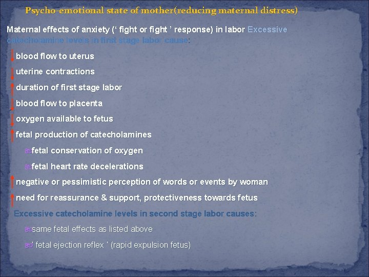 Psycho-emotional state of mother(reducing maternal distress) Maternal effects of anxiety (‘ fight or fight