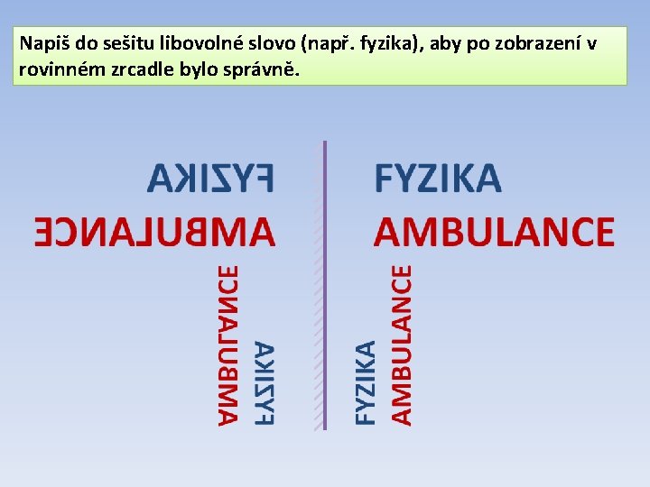 Napiš do sešitu libovolné slovo (např. fyzika), aby po zobrazení v rovinném zrcadle bylo