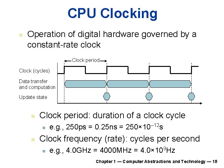 CPU Clocking n Operation of digital hardware governed by a constant-rate clock Clock period CPU Clocking n Operation of digital hardware governed by a constant-rate clock Clock period