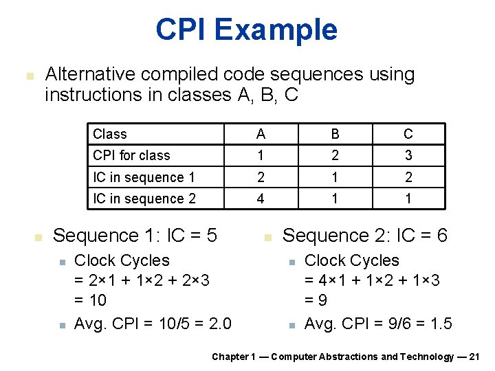CPI Example n n Alternative compiled code sequences using instructions in classes A, B, CPI Example n n Alternative compiled code sequences using instructions in classes A, B,