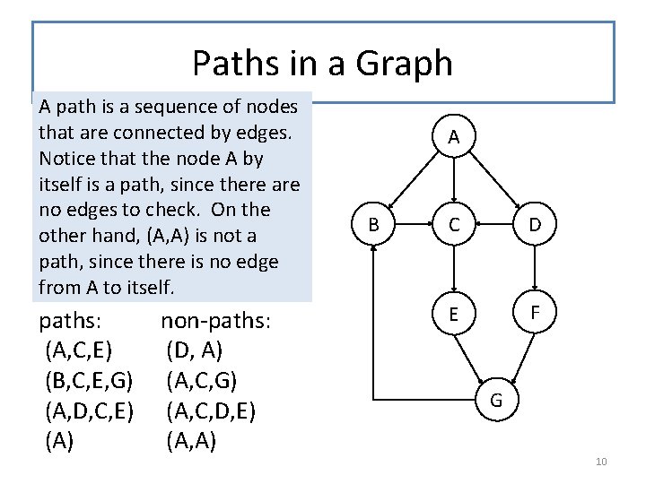 Paths in a Graph A path is a sequence of nodes that are connected