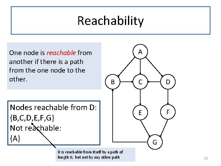 Reachability One node is reachable from another if there is a path from the