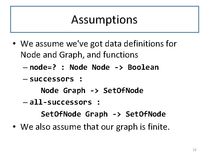 Assumptions • We assume we've got data definitions for Node and Graph, and functions