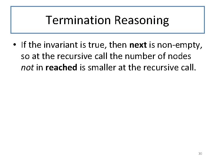 Termination Reasoning • If the invariant is true, then next is non-empty, so at