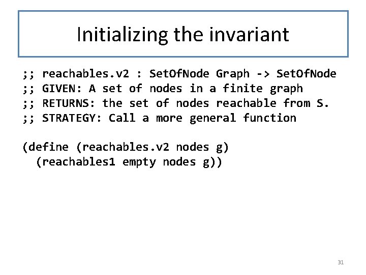 Initializing the invariant ; ; ; ; reachables. v 2 : Set. Of. Node