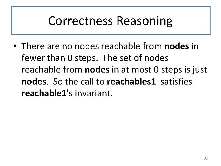 Correctness Reasoning • There are no nodes reachable from nodes in fewer than 0