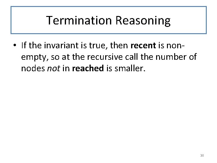 Termination Reasoning • If the invariant is true, then recent is nonempty, so at