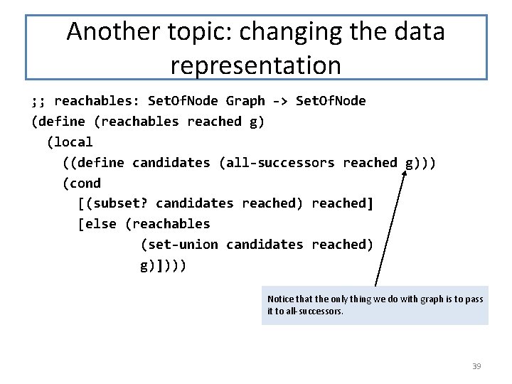 Another topic: changing the data representation ; ; reachables: Set. Of. Node Graph ->