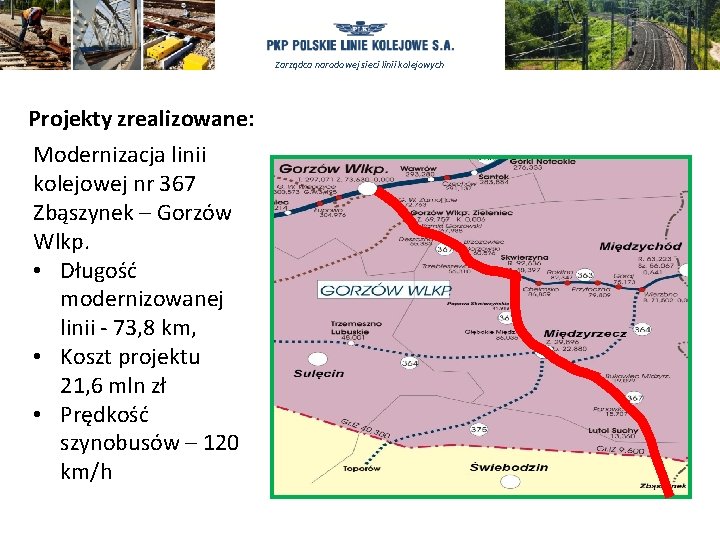 Zarządca narodowej sieci linii kolejowych Projekty zrealizowane: Modernizacja linii kolejowej nr 367 Zbąszynek –