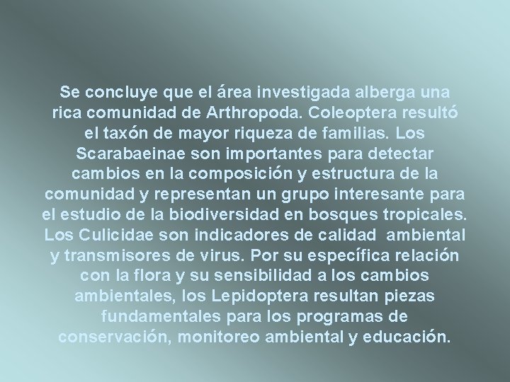 Se concluye que el área investigada alberga una rica comunidad de Arthropoda. Coleoptera resultó