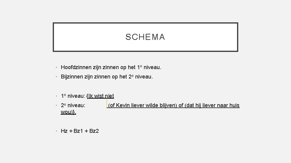 SCHEMA • Hoofdzinnen zijn zinnen op het 1 e niveau. • Bijzinnen zijn zinnen