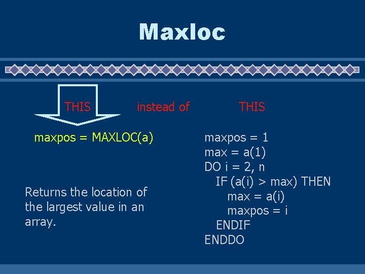 Maxloc THIS instead of maxpos = MAXLOC(a) Returns the location of the largest value