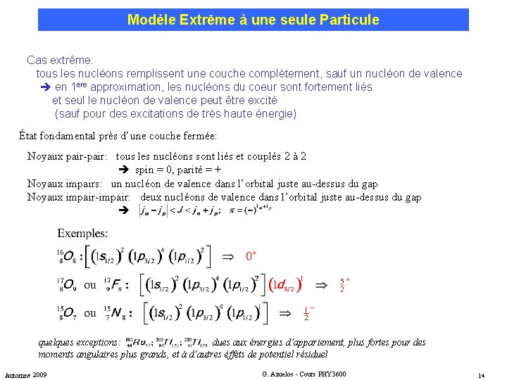 Modèle Extrême à une seule Particule Cas extrême: tous les nucléons remplissent une couche