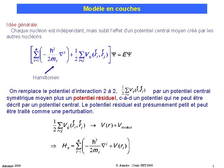 Modèle en couches Idée générale: Chaque nucléon est indépendant, mais subit l’effet d’un potentiel