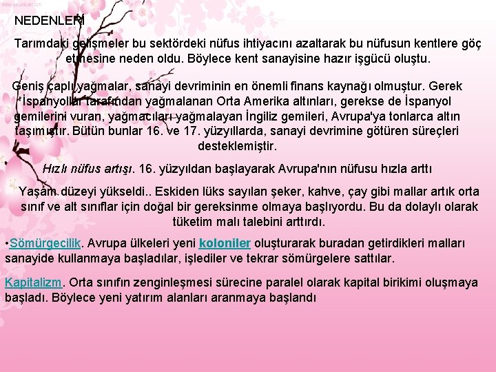 NEDENLERİ Tarımdaki gelişmeler bu sektördeki nüfus ihtiyacını azaltarak bu nüfusun kentlere göç etmesine neden