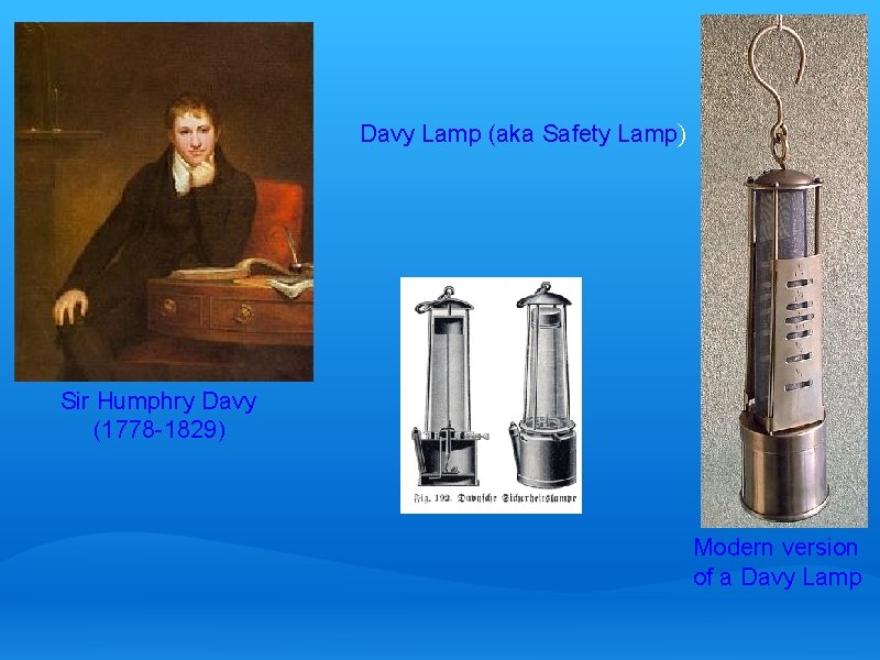 Davy Lamp (aka Safety Lamp) Sir Humphry Davy (1778 -1829) Modern version of a