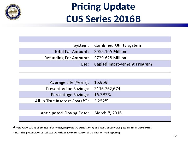 Pricing Update CUS Series 2016 B System: Total Par Amount: Refunding Par Amount: Use: