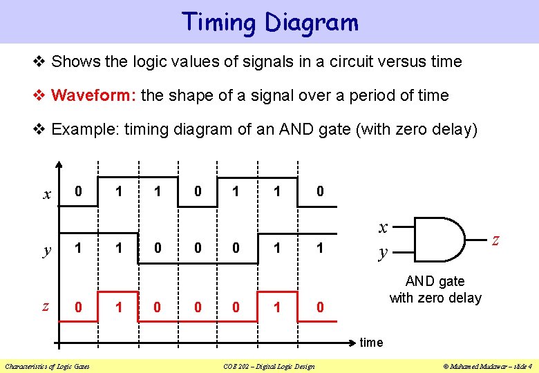 Timing Diagram v Shows the logic values of signals in a circuit versus time