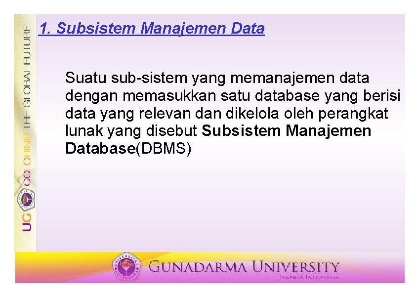 1. Subsistem Manajemen Data Suatu sub-sistem yang memanajemen data dengan memasukkan satu database yang
