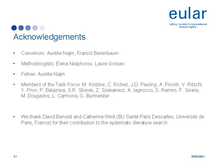 Acknowledgements • Convenors: Aurélie Najm, Francis Berenbaum • Methodologists: Elena Nikiphorou, Laure Gossec •