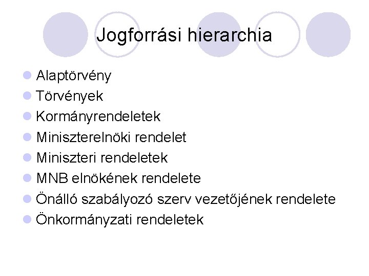 Jogforrási hierarchia l Alaptörvény l Törvények l Kormányrendeletek l Miniszterelnöki rendelet l Miniszteri rendeletek