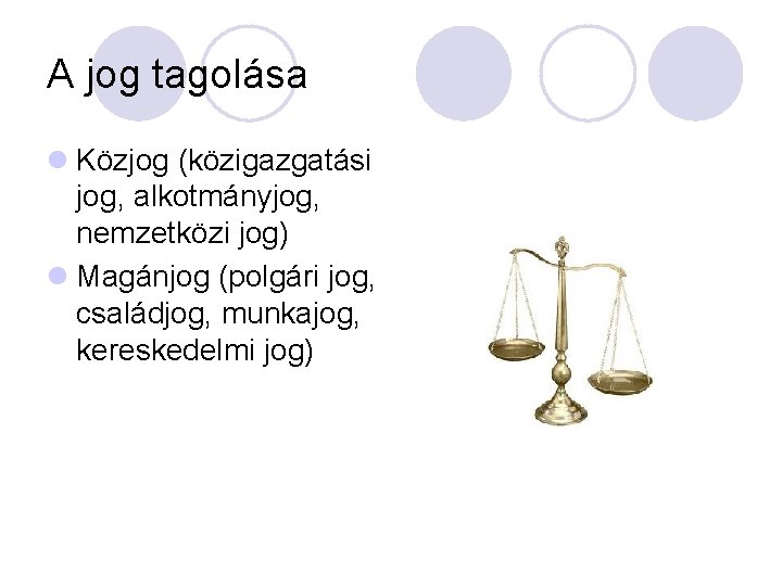 A jog tagolása l Közjog (közigazgatási jog, alkotmányjog, nemzetközi jog) l Magánjog (polgári jog,