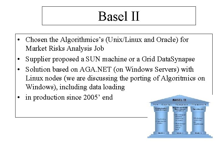 Basel II • Chosen the Algorithmics’s (Unix/Linux and Oracle) for Market Risks Analysis Job