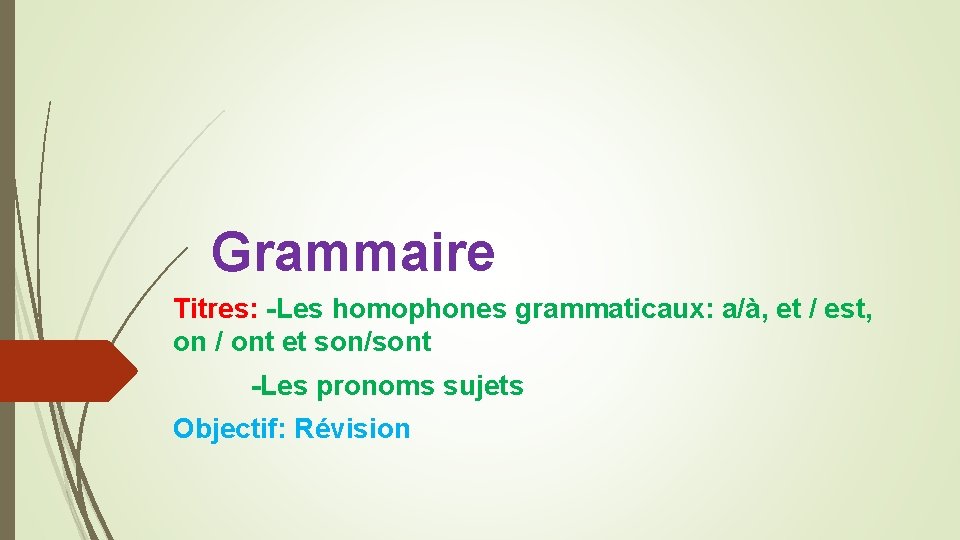 Grammaire Titres: -Les homophones grammaticaux: a/à, et / est, on / ont et son/sont
